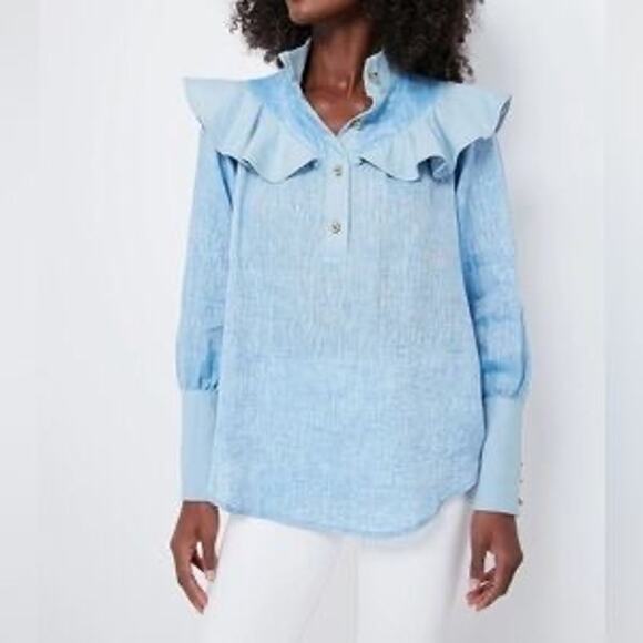 NWT Tuckernuck Mirabella Ruffle Chambray Linen Blouse Shirt Gold Buttons Blue XL - Picture 2 of 10